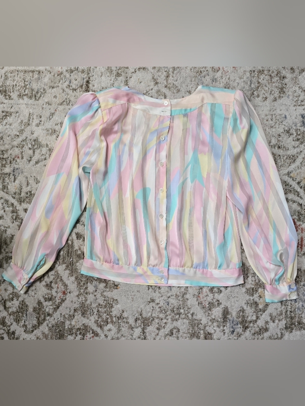 Vintage Pastel Striped Button-Back Lightweight Long Sleeves Blouse Sz L